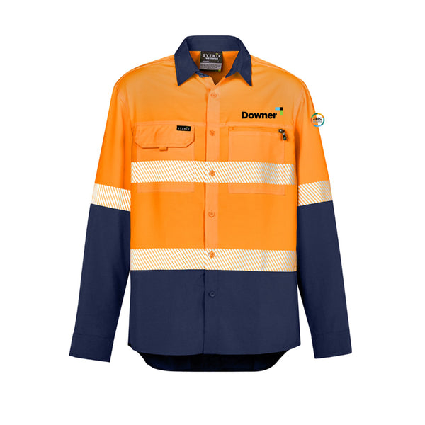 Mens Hi Vis Outdoor Segmented Tape L/S Shirt - Orange/Navy